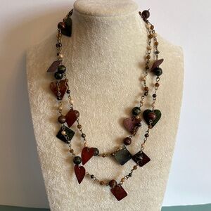 Boho Heart & Square Bead Necklace Brown Green Layered Statement 20”